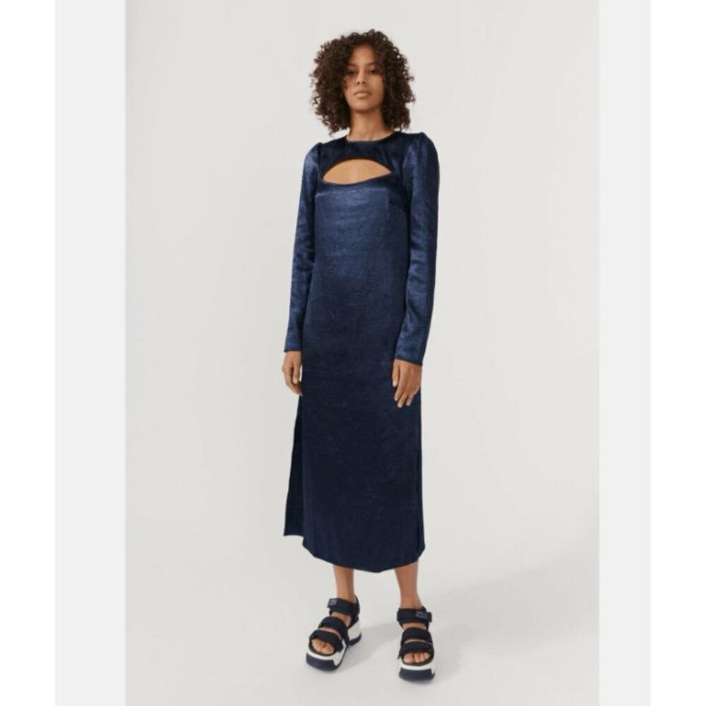 Baum und Pferdgarten Aneto Cut-out Midi Dress Navy‎ Blue Crinkle Satin Size 2